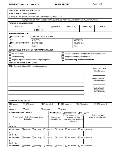 SERIOUS ADVERSE EVENT FORM - UniversitÃ¤tsklinikum Essen