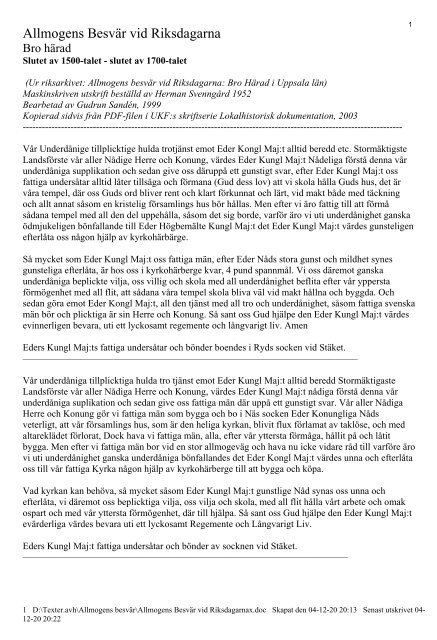 Avskrift av Allmogens BesvÃ¤r vid Riksdagarna