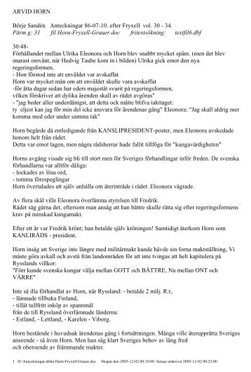 ARVID HORN BÃ¶rje SandÃ©n Anteckningar 86-07-10. efter Fryxell vol ...