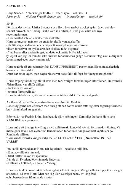 ARVID HORN BÃ¶rje SandÃ©n Anteckningar 86-07-10. efter Fryxell vol ...