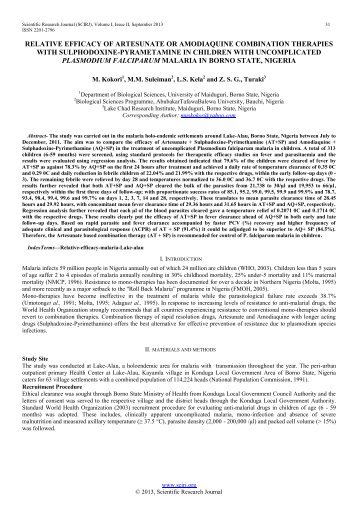 RELATIVE EFFICACY OF ARTESUNATE OR AMODIAQUINE COMBINATION THERAPIES WITH SULPHODOXINE-PYRAMETAMINE IN CHILDREN WITH UNCOMPLICATED PLASMODIUM FALCIPARUM MALARIA IN BORNO STATE, NIGERIA 