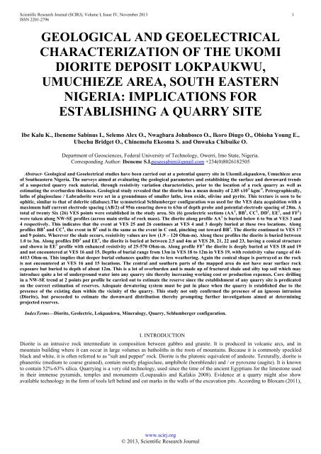 GEOLOGICAL AND GEOELECTRICAL CHARACTERIZATION OF THE UKOMI DIORITE DEPOSIT LOKPAUKWU, UMUCHIEZE AREA, SOUTHEASTERN NIGERIA: IMPLICATIONS FOR ESTABLISHING A QUARRY SITE 