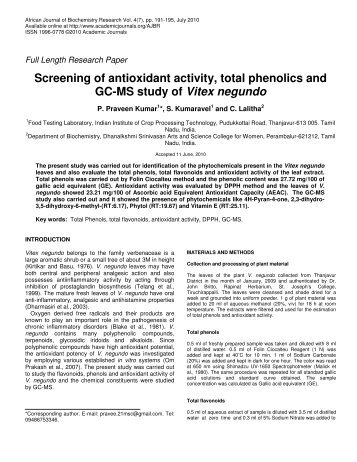 Screening of antioxidant activity, total phenolics ... - Academic Journals