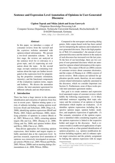 Sentence and Expression Level Annotation of Opinions in User ...