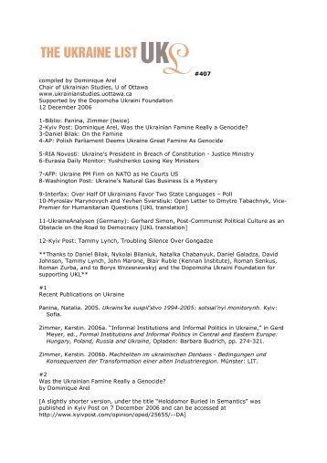 #407 compiled by Dominique Arel Chair of Ukrainian Studies, U of ...