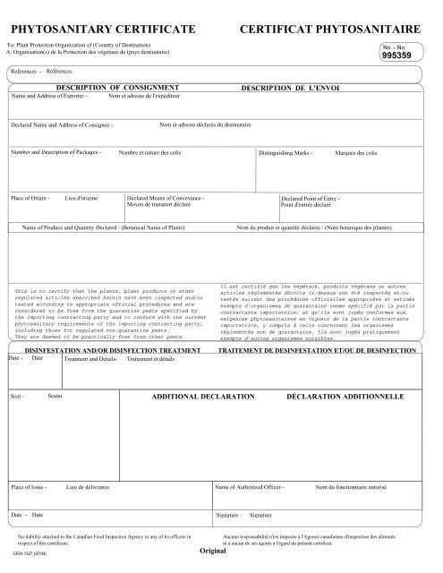 CERTIFICAT PHYTOSANITAIRE PHYTOSANITARY CERTIFICATE