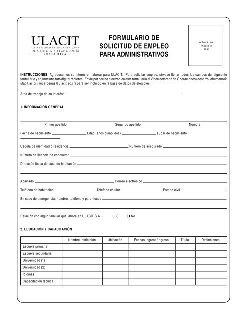 formulario de solicitud de empleo para administrativos - Ulacit