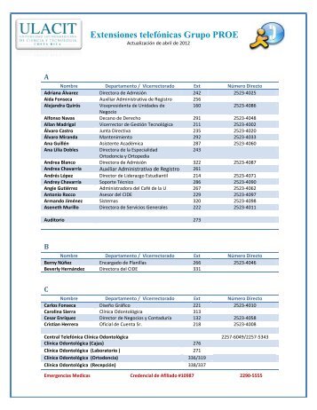 Extensiones telefÃ³nicas Grupo PROE - Ulacit