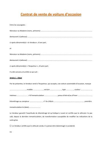 Contrat de vente de voiture d'occasion