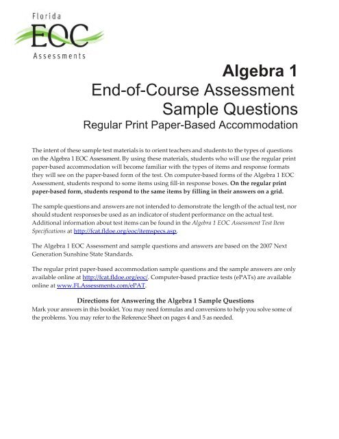 Algebra 1 EOC - Bureau of K-12 Assessment - Florida Department of ...