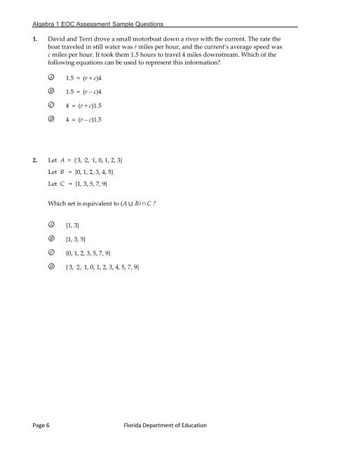 Algebra 1 EOC - Bureau of K-12 Assessment - Florida Department of ...