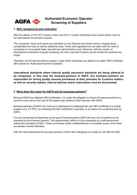 AEO Screening questionnaire - Agfa