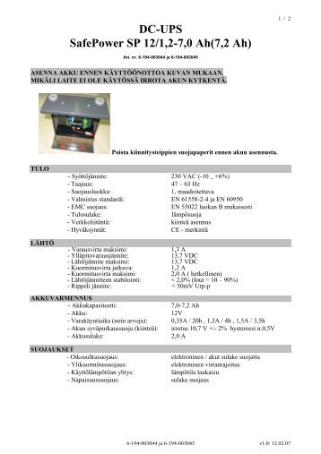 SP 12/1,2 tekniset tiedot - Ultrapower Oy