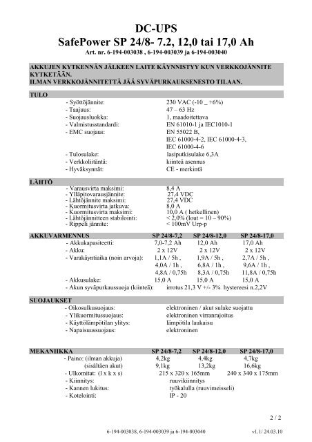 SP 24/8 tekniset tiedot - Ultrapower Oy