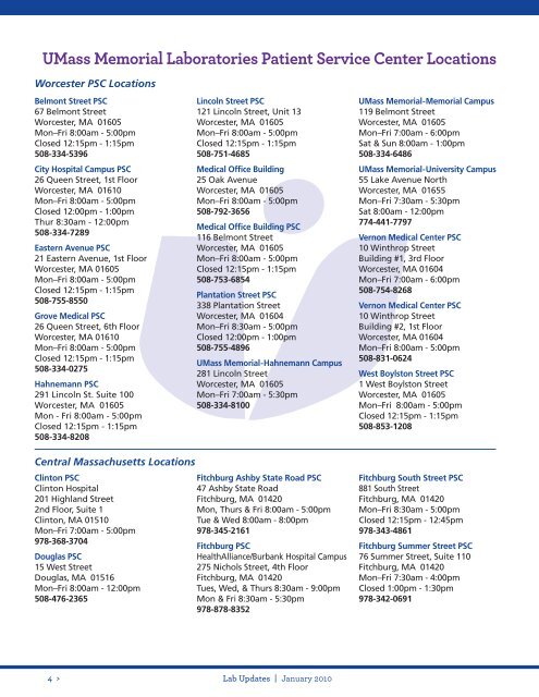 UMass Memorial Laboratories Patient Service Center Locations