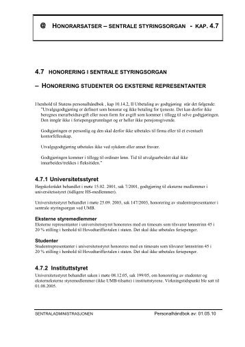 honorarsatser â sentrale styringsorgan - kap. 4.7 - UMB