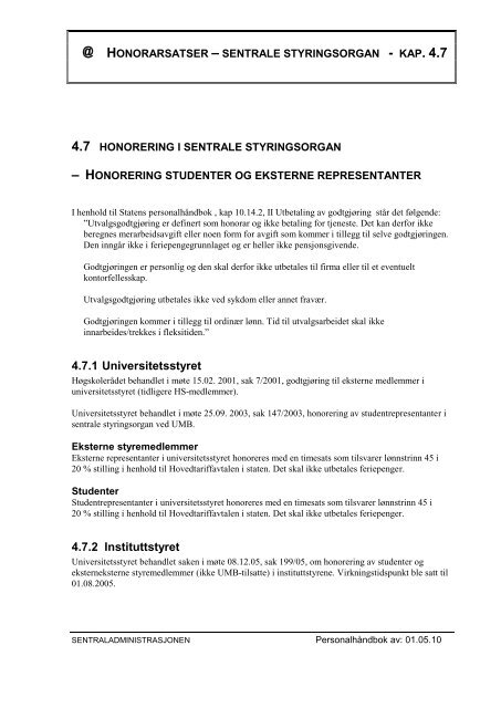 honorarsatser â sentrale styringsorgan - kap. 4.7 - UMB