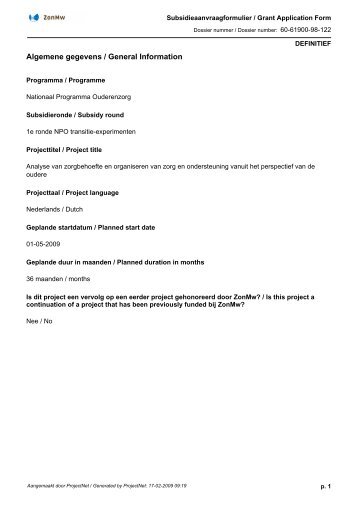 Subsidieaanvraag transitieproject 'Analyse van zorgbehoefte' - Umcg