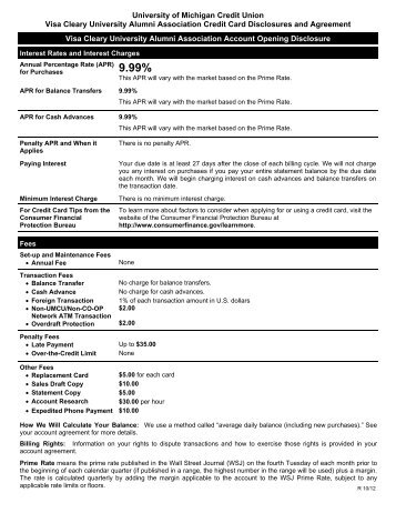 Visa Cleary University Alumni Association Credit Card Disclosure