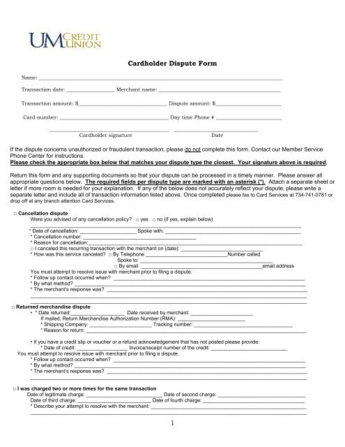 Cardholder Dispute Form