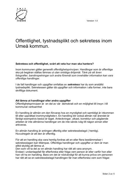 Sekretess och tystnadsplikt inom UmeÃ¥ Kommun