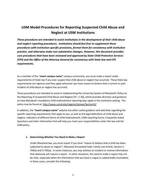 USM Model Procedures for Reporting Suspected Child Abuse and ...