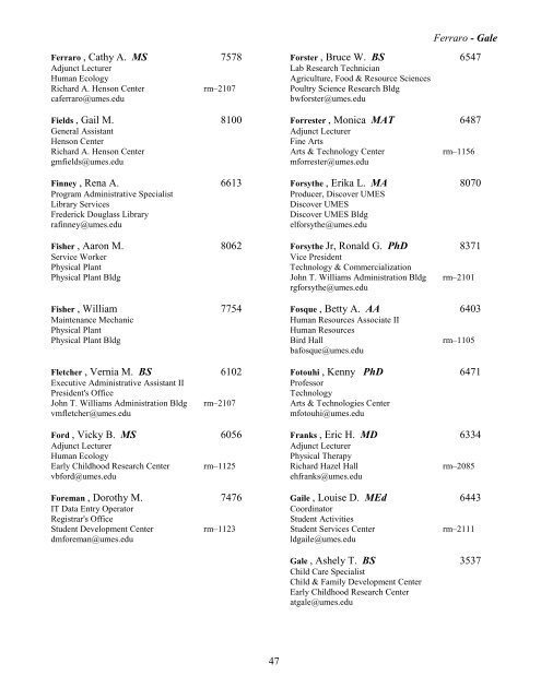 View Printed Directory Listing (2010) - University of Maryland ...