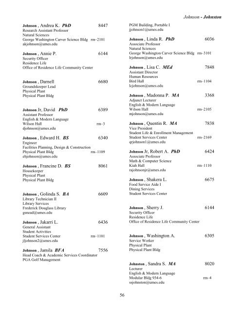 View Printed Directory Listing (2010) - University of Maryland ...