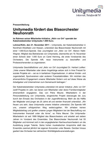 Unitymedia fÃ¶rdert das Blasorchester Neuhonrath