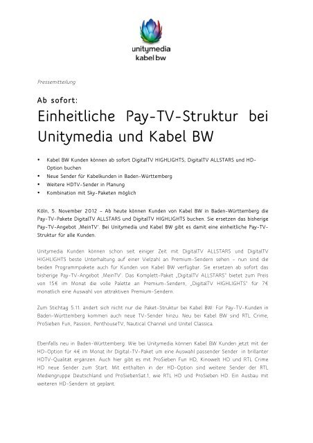 Einheitliche Pay-TV-Struktur bei Unitymedia und Kabel BW