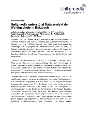 Unitymedia unterstÃ¼tzt Naturprojekt der Weidigschule in Butzbach