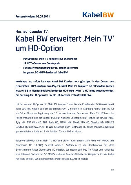Kabel BW erweitert â€šMein TV' um HD-Option