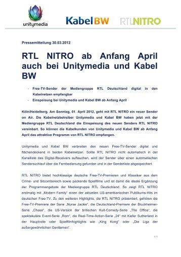 RTL NITRO ab Anfang April auch bei Unitymedia und Kabel BW