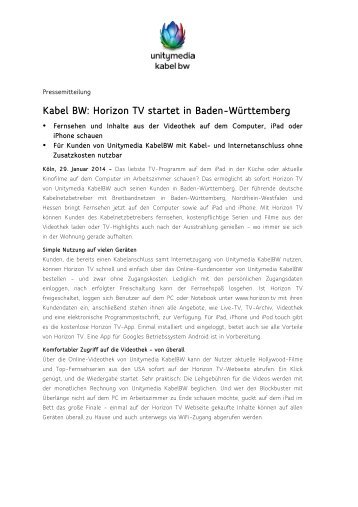 Kabel BW: Horizon TV startet in Baden-Württemberg - Unitymedia ...