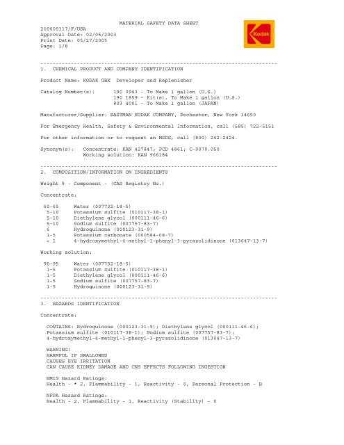 MSDS Kodak GBX Developer and Replenisher