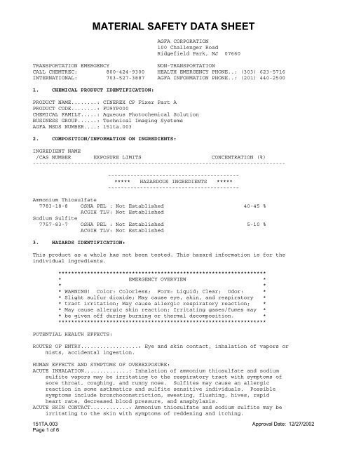 MSDS Agfa Cinerex CP Fixer Part A