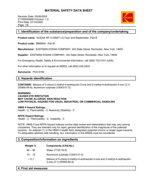 MSDS Kodak RP LO Fixer and Replenisher Part B