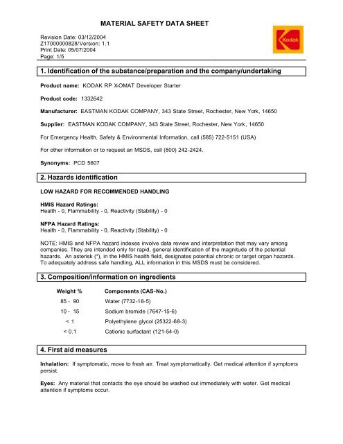 MSDS Kodak RP X-OMAT Developer Starter