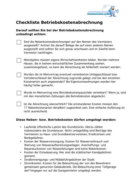 Checkliste Betriebskostenabrechnung Ummelden De
