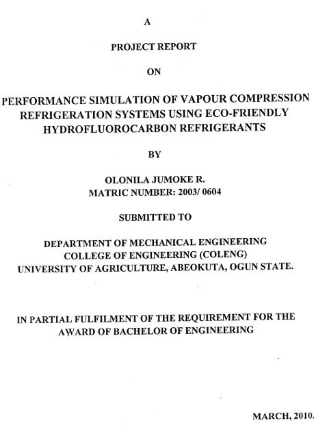 performance simulation of vapour compression refrigeration systems ...