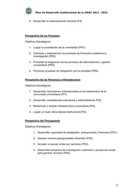 plan de desarrollo institucional 2011 - 2021 - Universidad Nacional ...