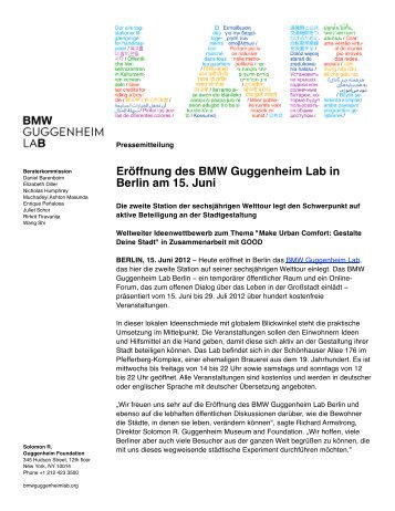 Eröffnung des BMW Guggenheim Lab in Berlin am 15. Juni