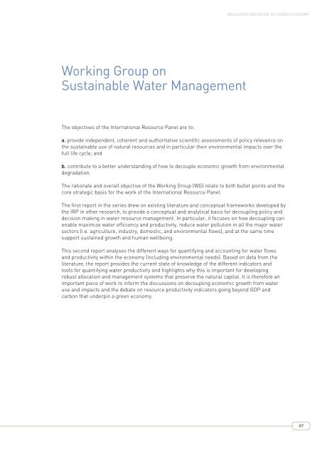 MEASURING WATER USE IN A GREEN ECONOMY - UNEP