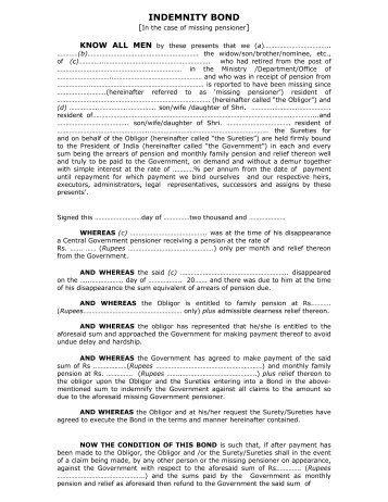 Form of indemnity bond for missing pensioner - Pensioners' Portal