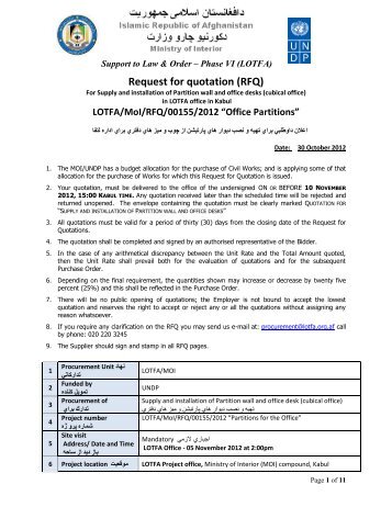 RFQ - Office partitions, Mol-LOTFA - UNDP Afghanistan