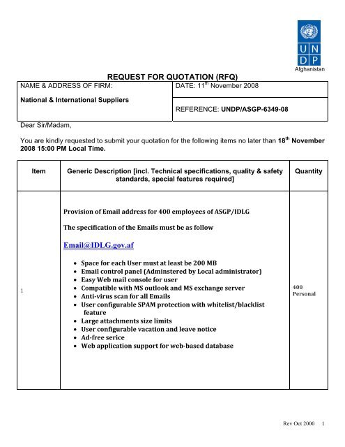 REQUEST FOR QUOTATION (RFQ) - UNDP Afghanistan