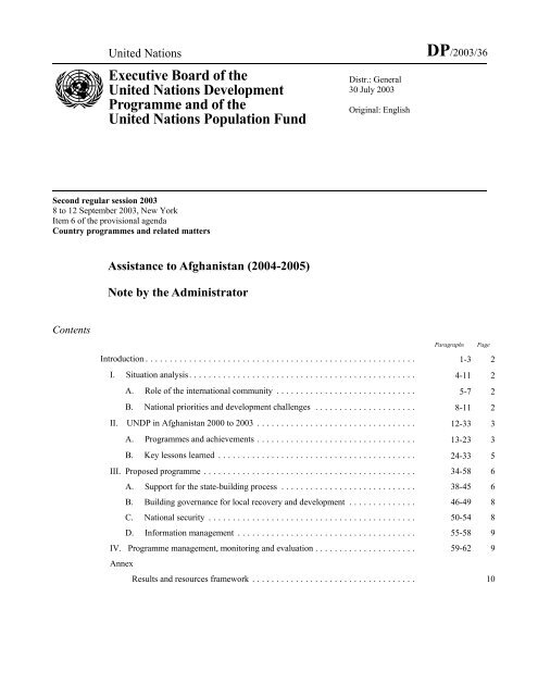 UNDP Country Programme for Afghanistan 2004-2005