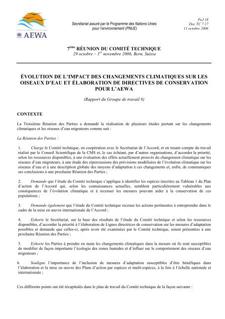 Ã©volution de l'impact des changements climatiques sur les - AEWA