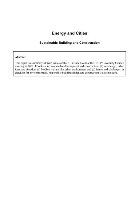 Energy and Cities - International Environmental Technology Centre