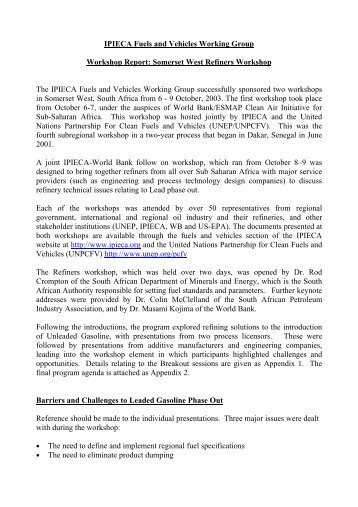 IPIECA Fuels and Vehicles Working Group Workshop Report - UNEP